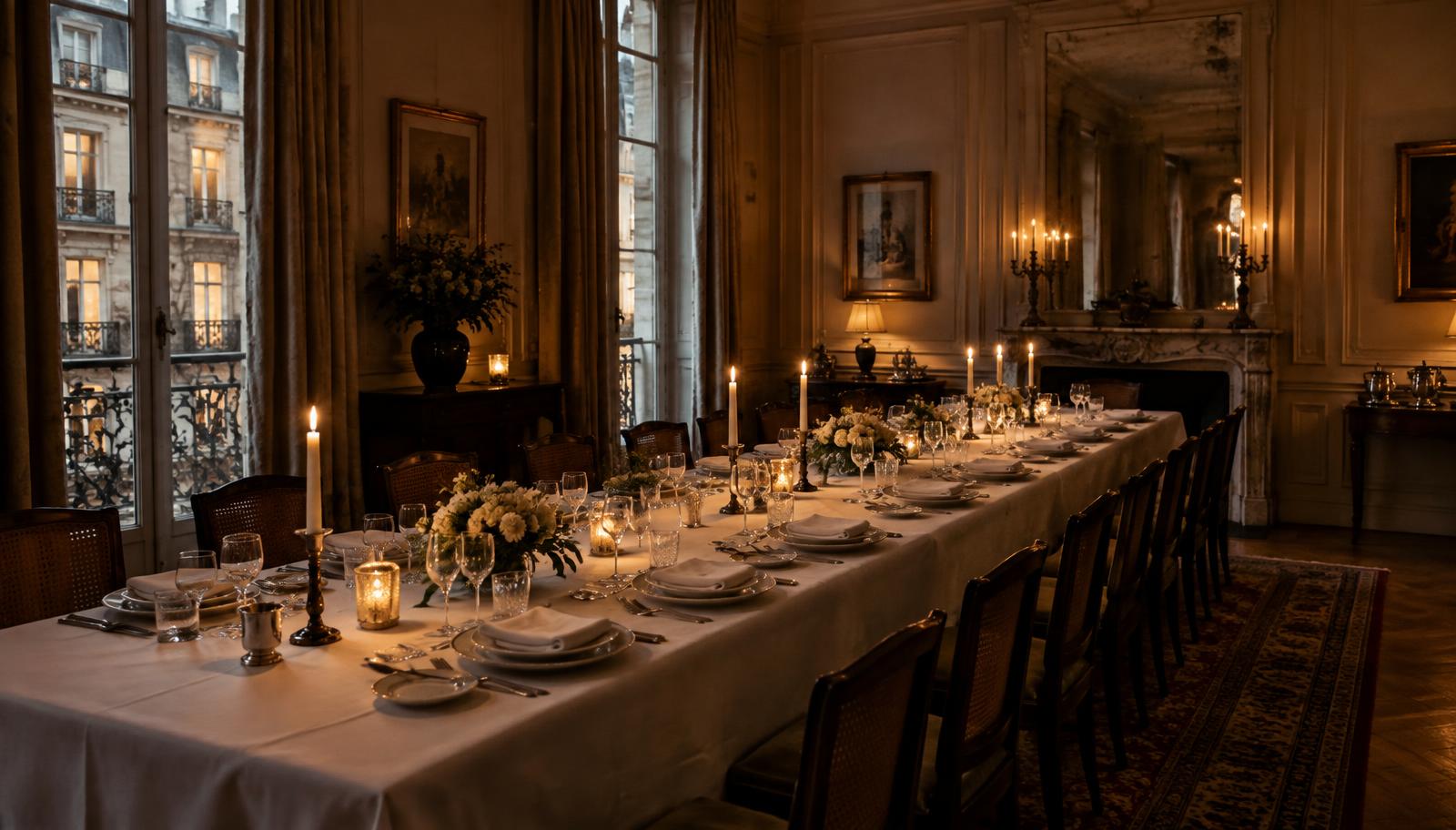 Une longue table dressee pour un diner prive dans une salle historique parisienne